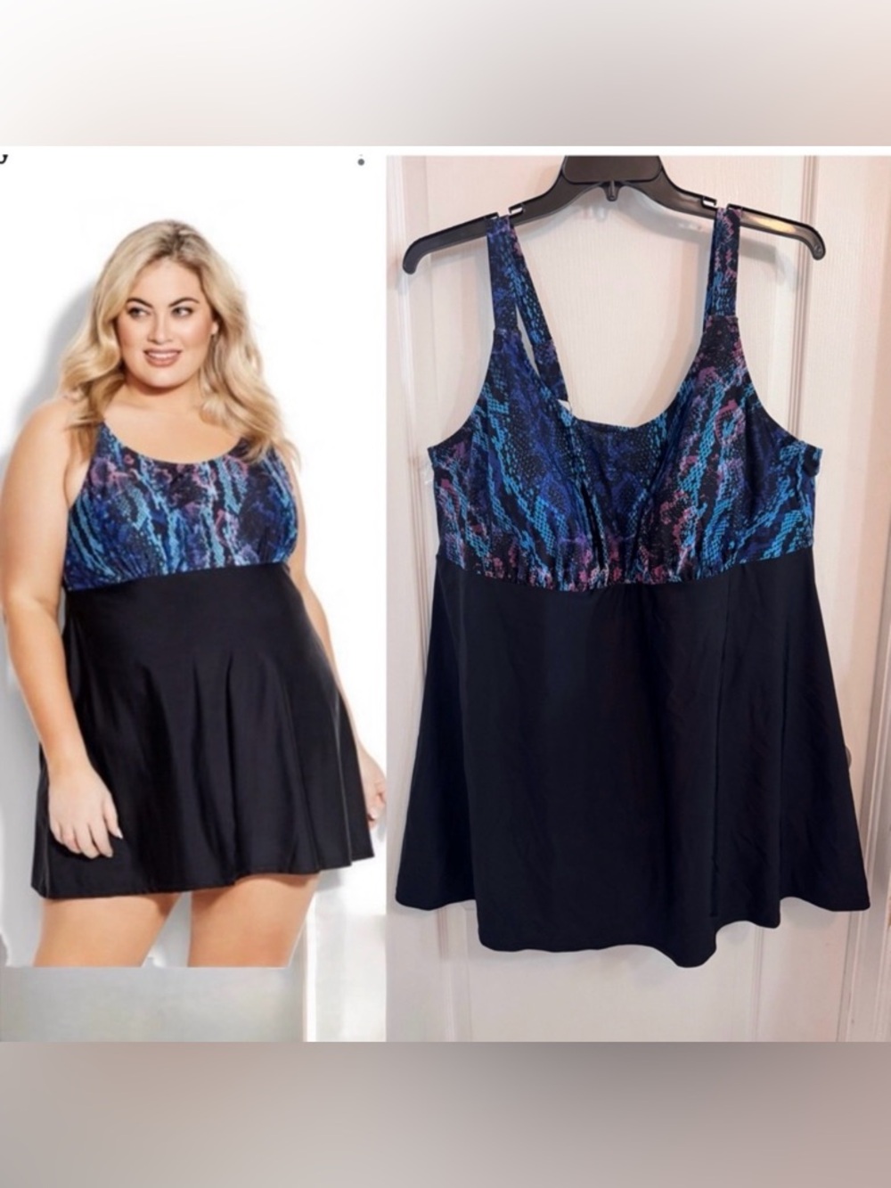 SWIM DRESS SIZE 24. EMPIRE SWIM DRESS, MOLDED CUPS, BUILT IN BRIEF DRESS OVERLAY